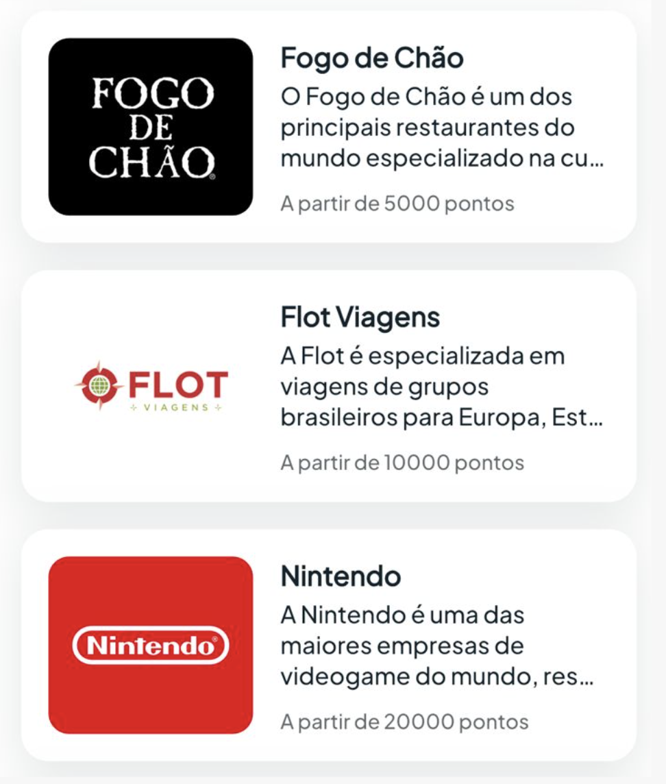 Lista de recompensas Pro incluindo Fogo de Chão, Flot Viagens e Nintendo