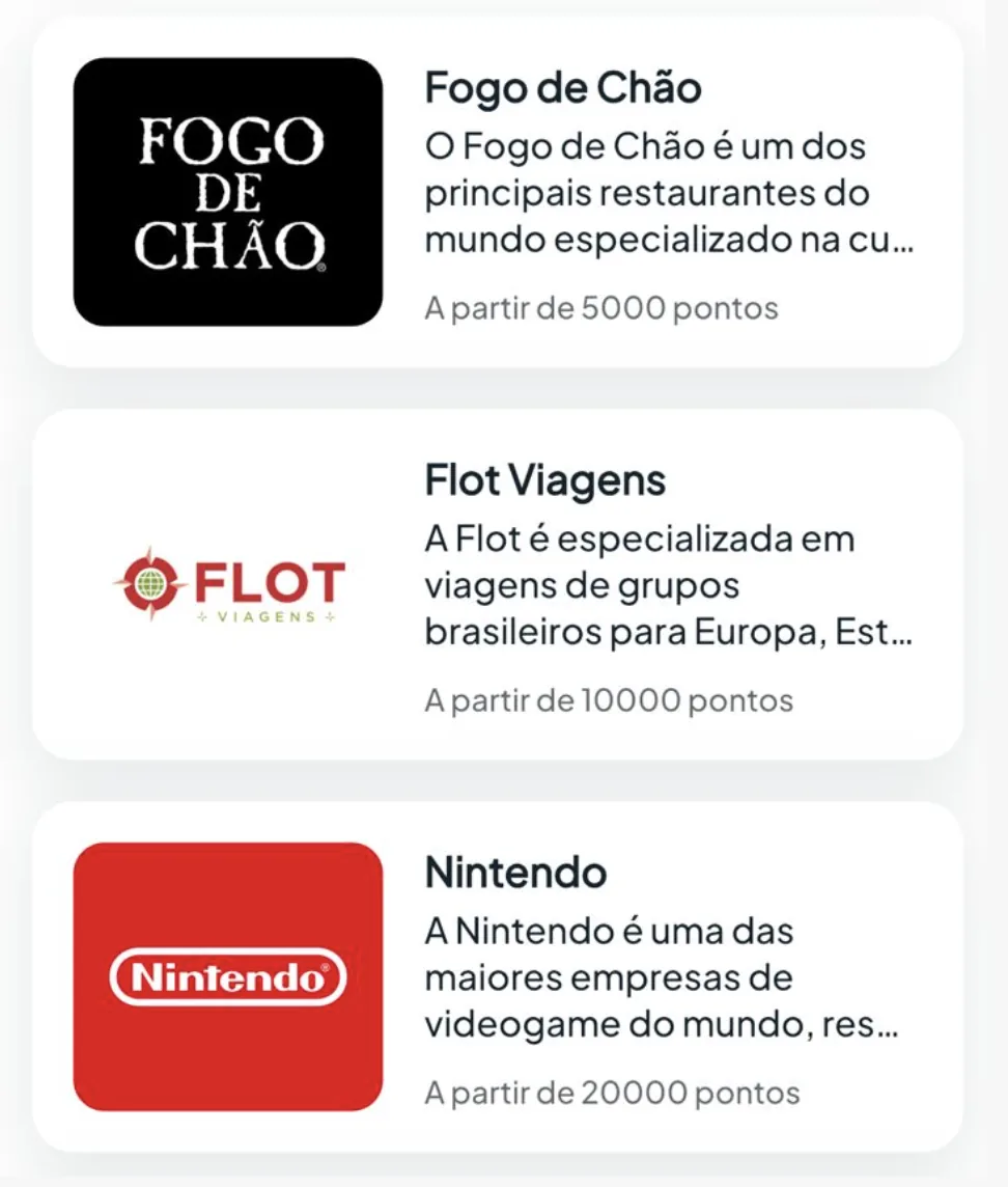 Lista de recompensas Pro incluindo Fogo de Chão, Flot Viagens e Nintendo