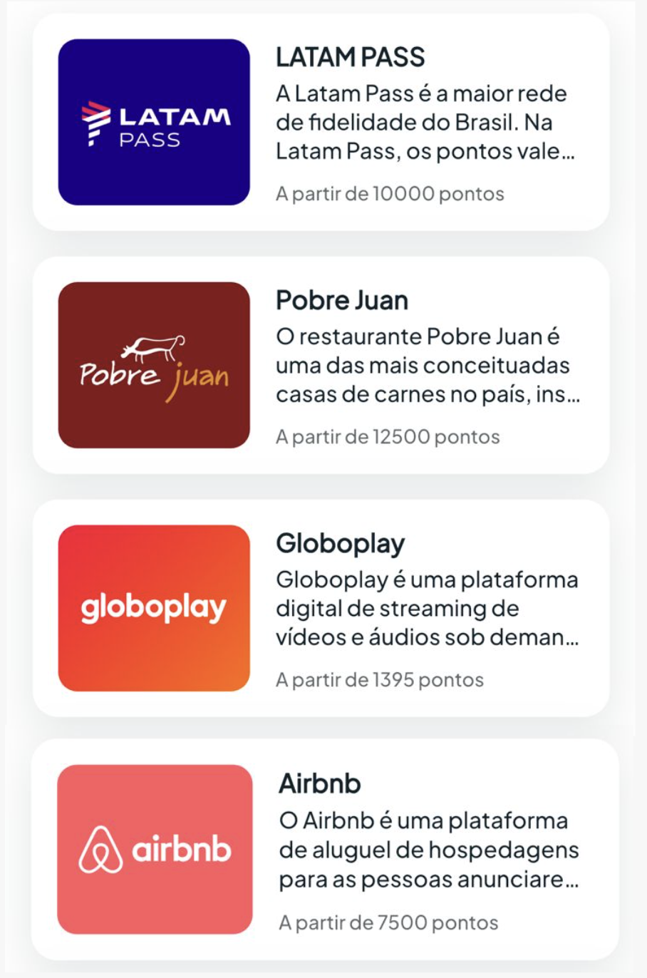 Lista de recompensas Pro incluindo LATAM Pass, Pobre Juan, Globoplay e Airbnb