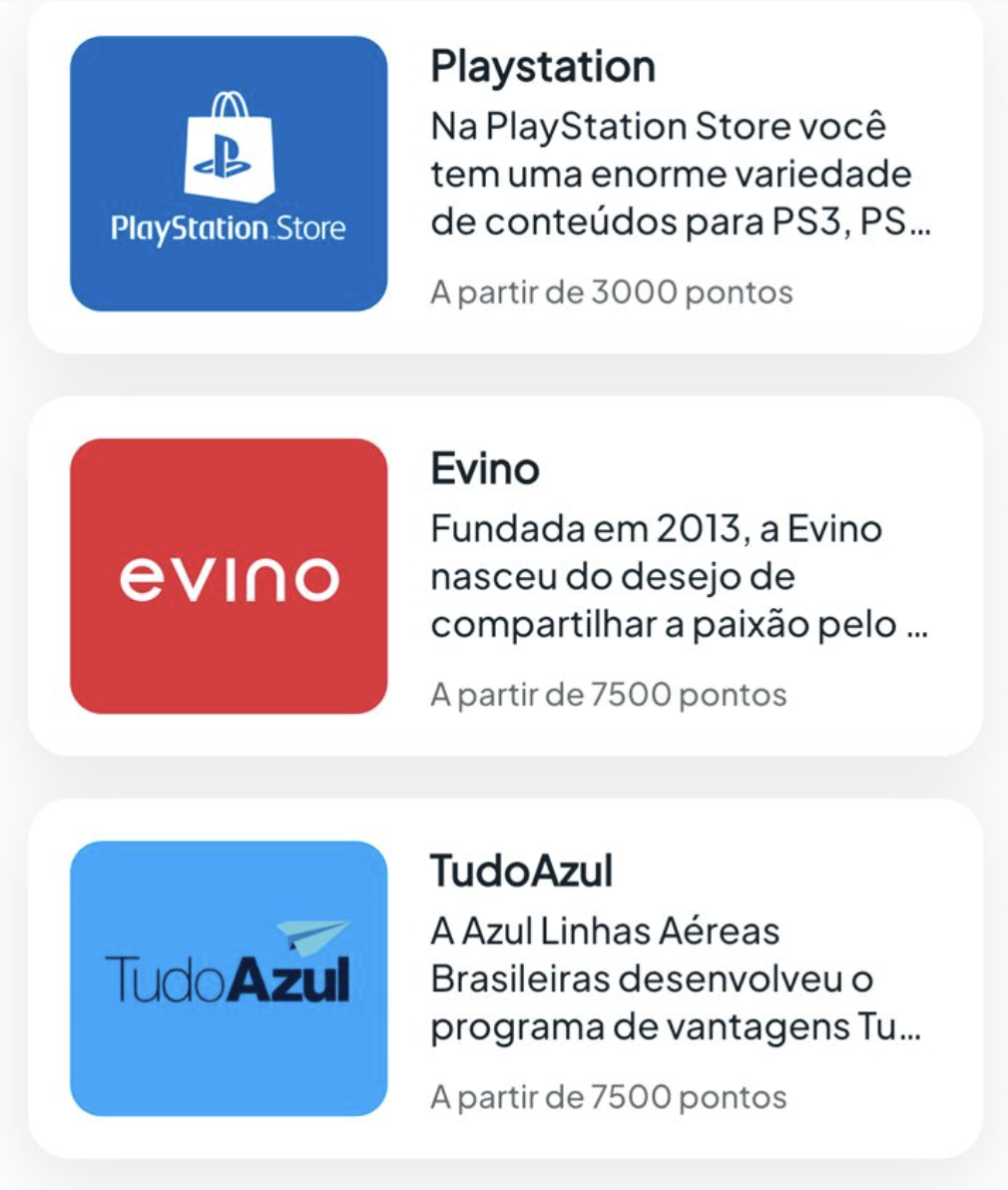 Lista de recompensas Pro incluindo Playstation, Evino e TudoAzul