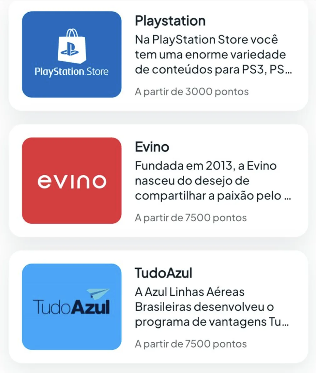 Lista de recompensas Pro incluindo Playstation, Evino e TudoAzul
