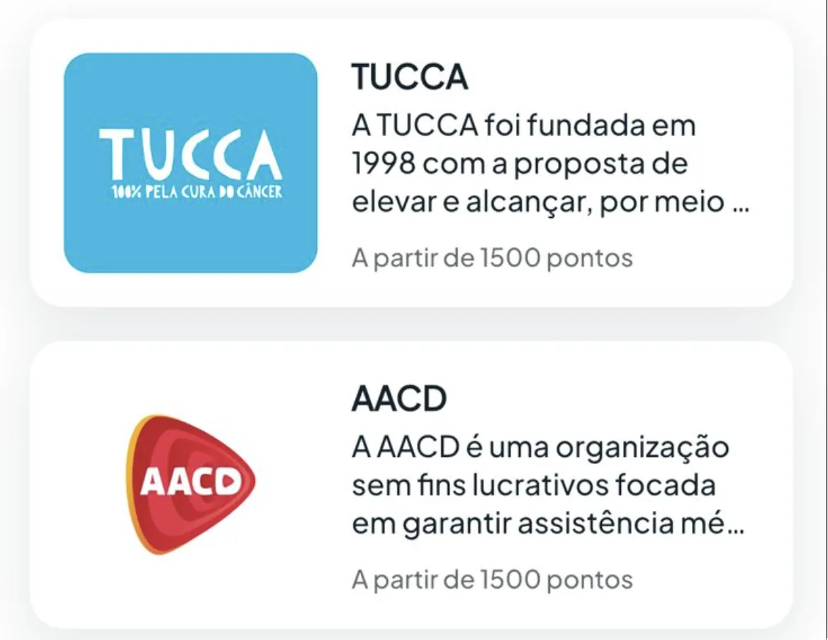 Lista de instituições parceiras para doação, incluindo TUCCA e AACD