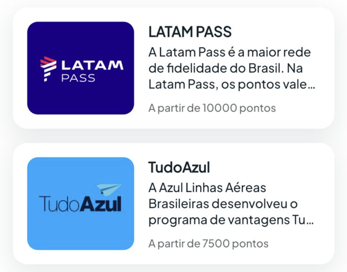 Lista de programas de fidelidade e milhas aéreas parceiras, incluindo LATAM Pass e TudoAzul