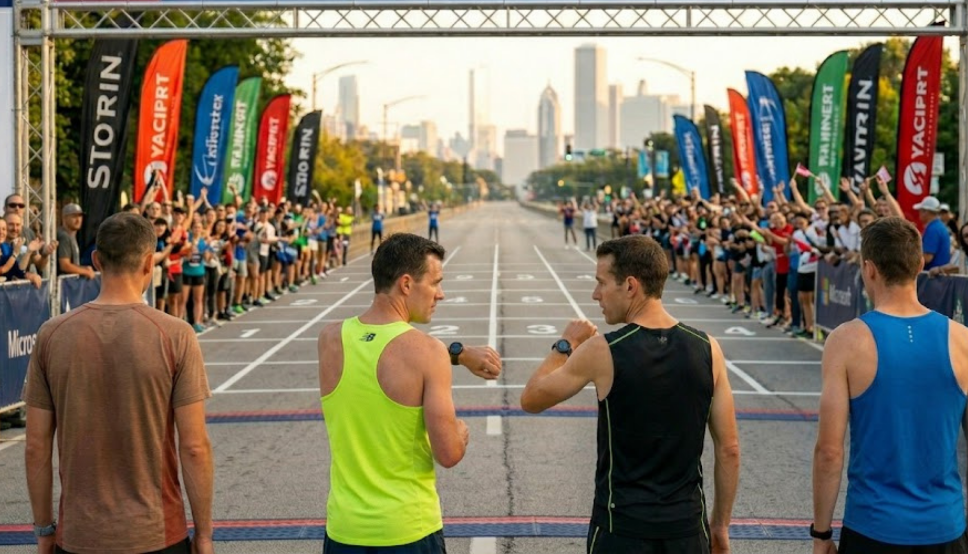 Atletas comemorando na linha de largada de uma corrida de rua