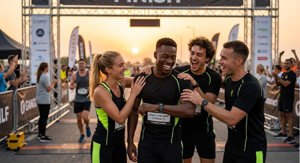 Atletas do Gango Sports comemorando felizes na linha de chegada